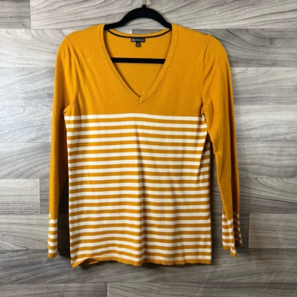 Hannah Womens Pullover Sweater Yellow Striped Long Sleeve V Neck Tight Knit S